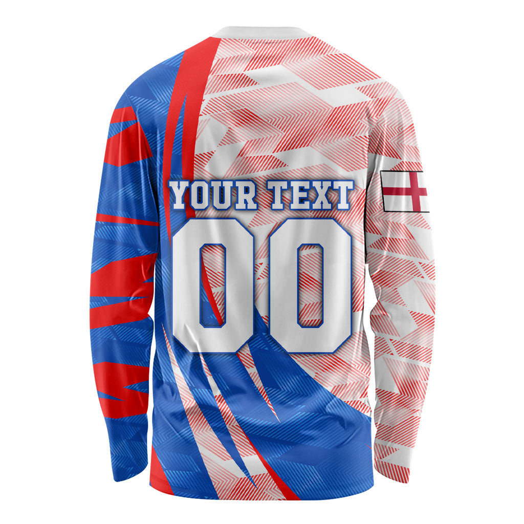 Personalized England Football Long Sleeve Shirt Powerful Lion Kicking Ball Red Blue Chevron Zigzag