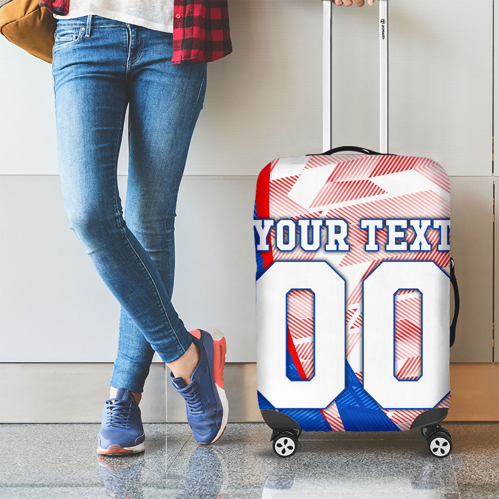 Personalized England Football Luggage Cover Powerful Lion Kicking Ball Red Blue Chevron Zigzag