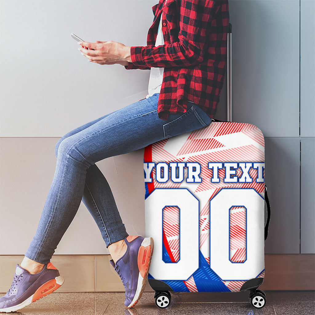 Personalized England Football Luggage Cover Powerful Lion Kicking Ball Red Blue Chevron Zigzag