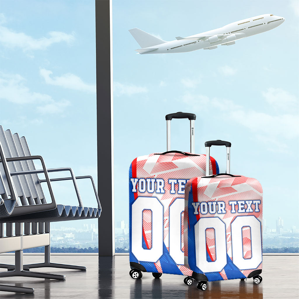 Personalized England Football Luggage Cover Powerful Lion Kicking Ball Red Blue Chevron Zigzag