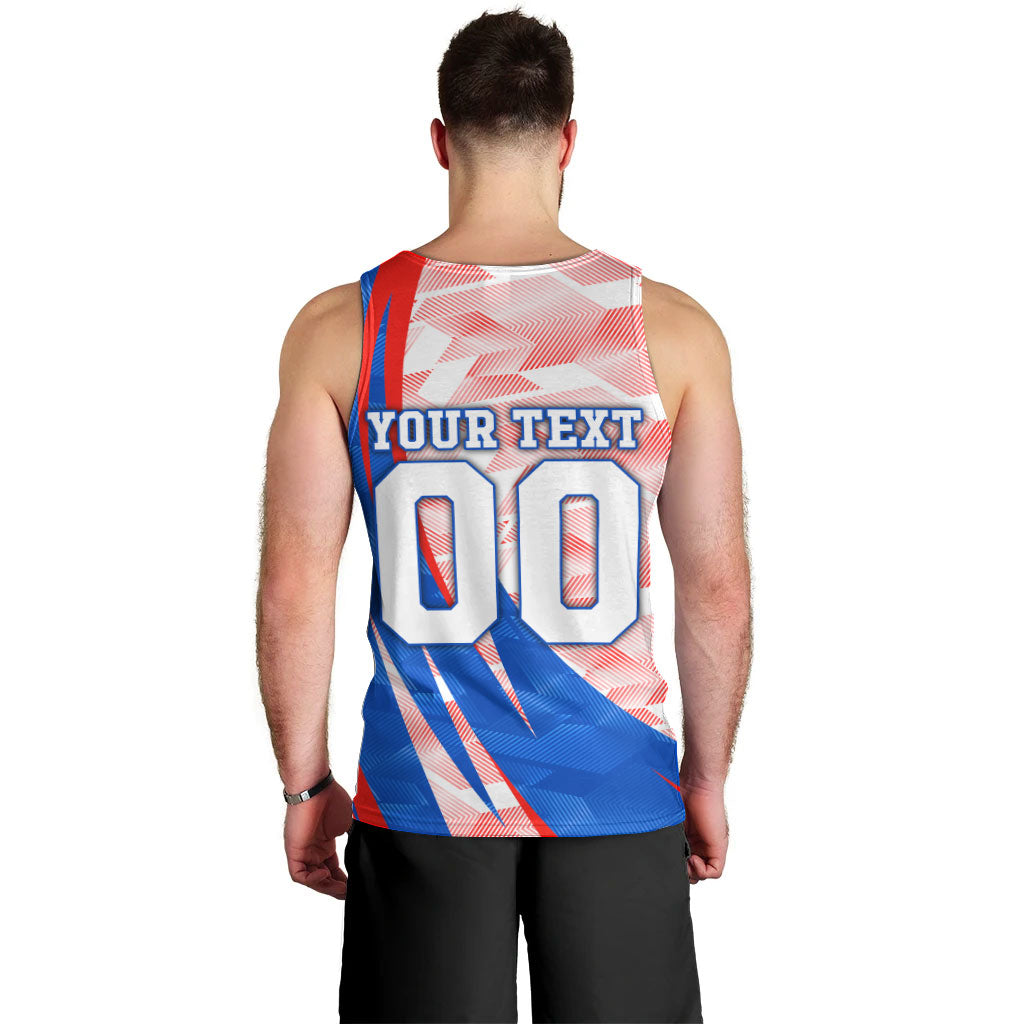 Personalized England Football Men Tank Top Powerful Lion Kicking Ball Red Blue Chevron Zigzag