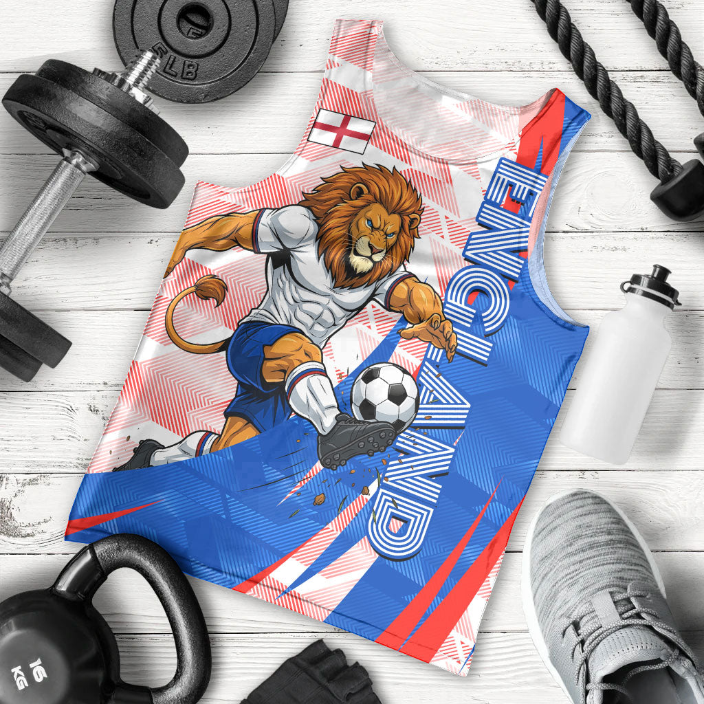 Personalized England Football Men Tank Top Powerful Lion Kicking Ball Red Blue Chevron Zigzag
