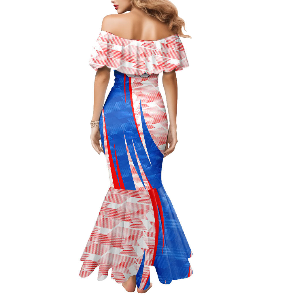 Personalized England Football Mermaid Dress Powerful Lion Kicking Ball Red Blue Chevron Zigzag