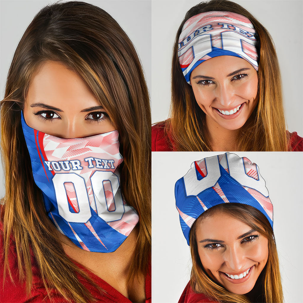 Personalized England Football Neck Gaiter Powerful Lion Kicking Ball Red Blue Chevron Zigzag