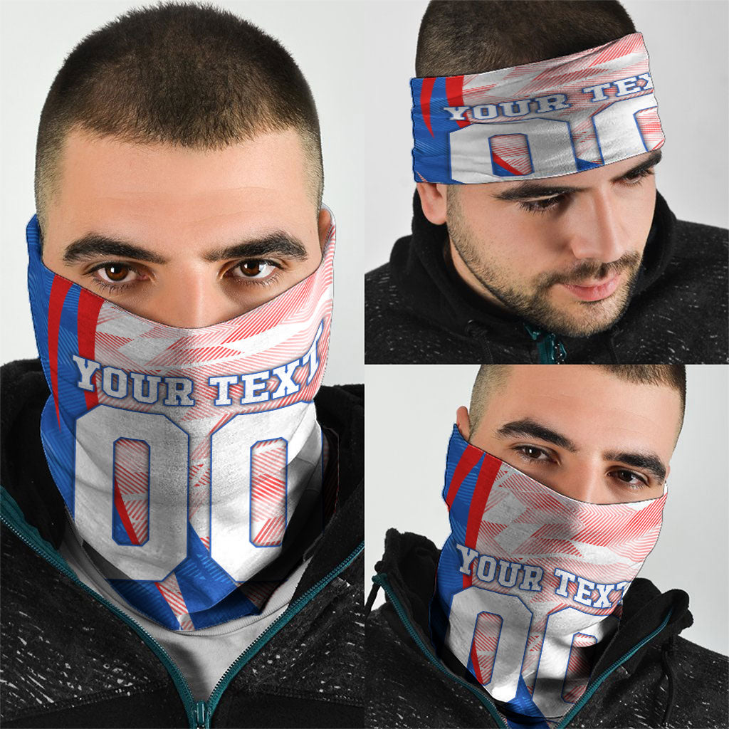 Personalized England Football Neck Gaiter Powerful Lion Kicking Ball Red Blue Chevron Zigzag