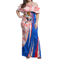 Personalized England Football Off Shoulder Maxi Dress Powerful Lion Kicking Ball Red Blue Chevron Zigzag