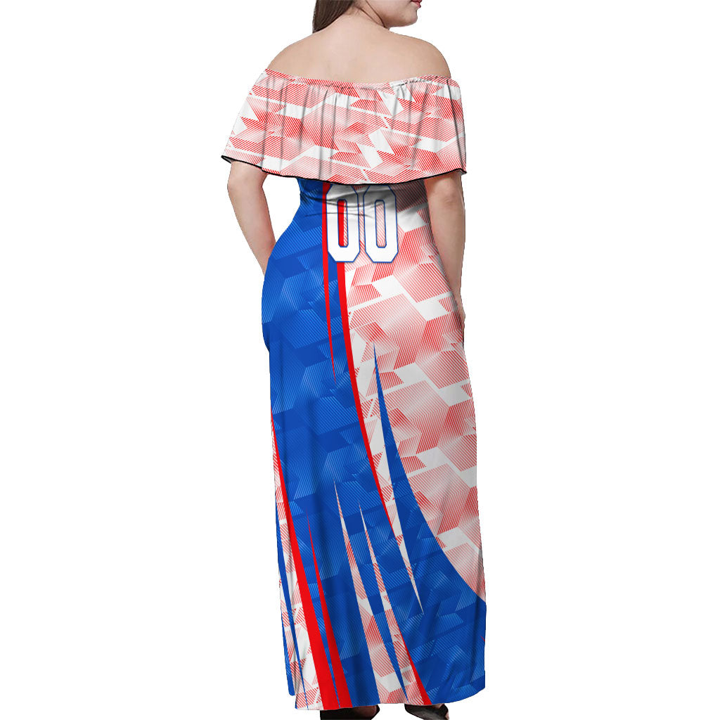Personalized England Football Off Shoulder Maxi Dress Powerful Lion Kicking Ball Red Blue Chevron Zigzag