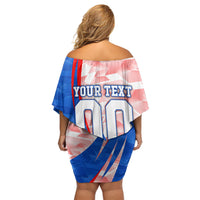 Personalized England Football Off Shoulder Short Dress Powerful Lion Kicking Ball Red Blue Chevron Zigzag