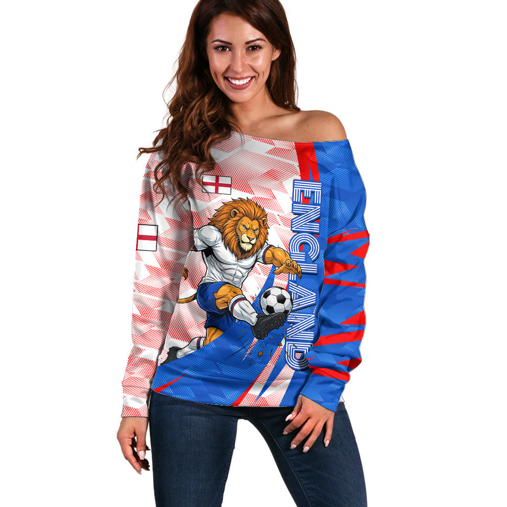 Personalized England Football Off Shoulder Sweater Powerful Lion Kicking Ball Red Blue Chevron Zigzag