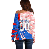 Personalized England Football Off Shoulder Sweater Powerful Lion Kicking Ball Red Blue Chevron Zigzag