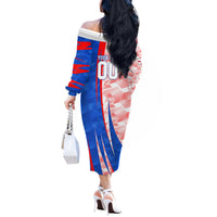 Personalized England Football Off The Shoulder Long Sleeve Dress Powerful Lion Kicking Ball Red Blue Chevron Zigzag