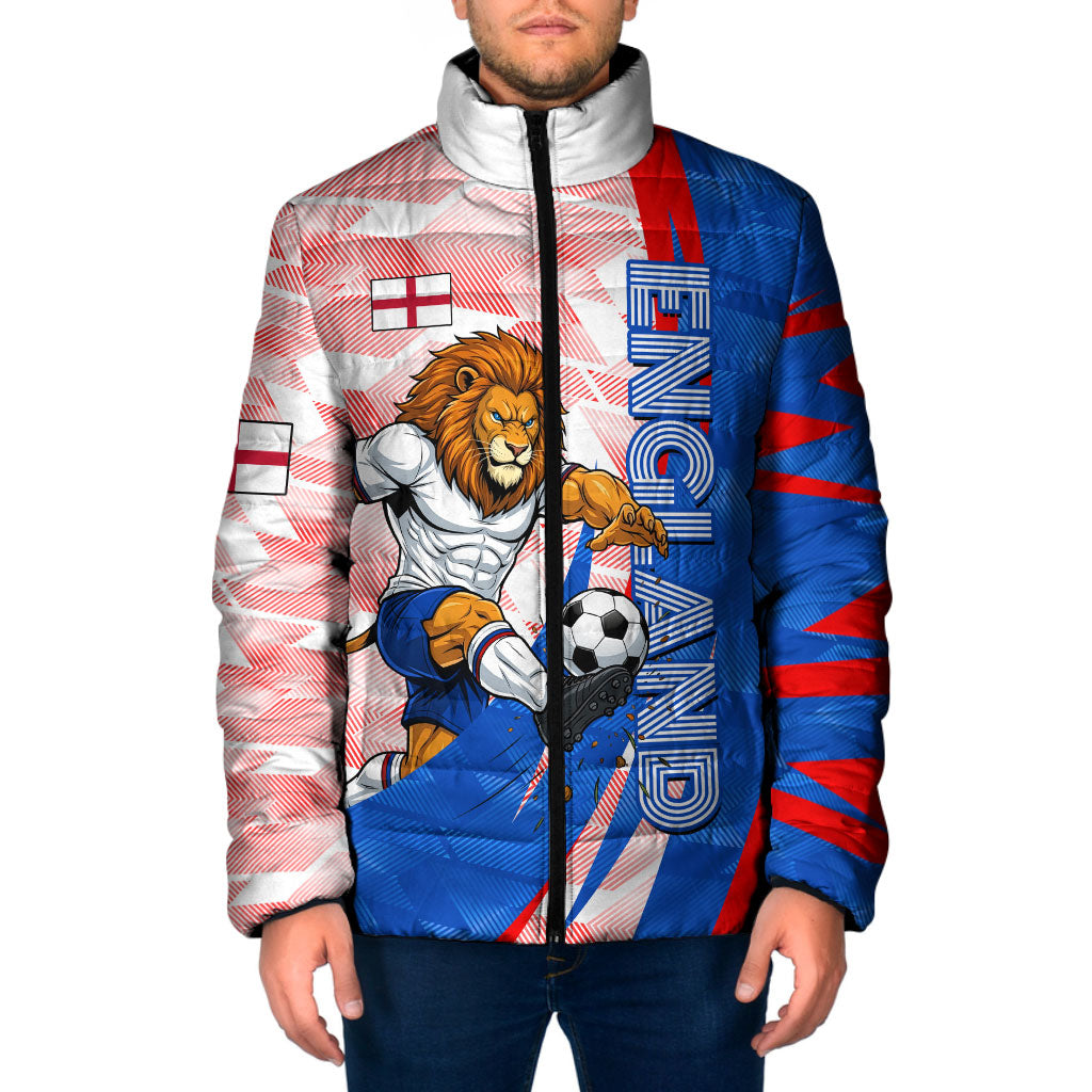 Personalized England Football Padded Jacket Powerful Lion Kicking Ball Red Blue Chevron Zigzag