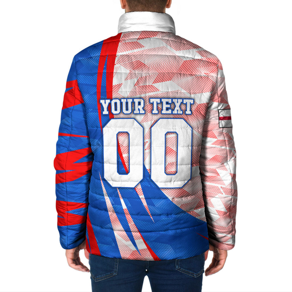 Personalized England Football Padded Jacket Powerful Lion Kicking Ball Red Blue Chevron Zigzag