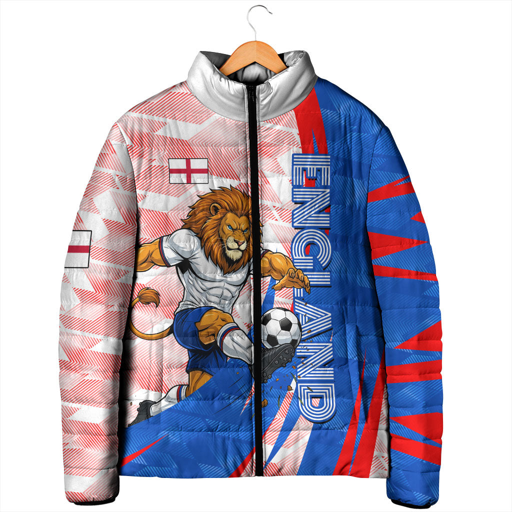 Personalized England Football Padded Jacket Powerful Lion Kicking Ball Red Blue Chevron Zigzag