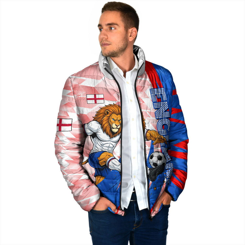 Personalized England Football Padded Jacket Powerful Lion Kicking Ball Red Blue Chevron Zigzag
