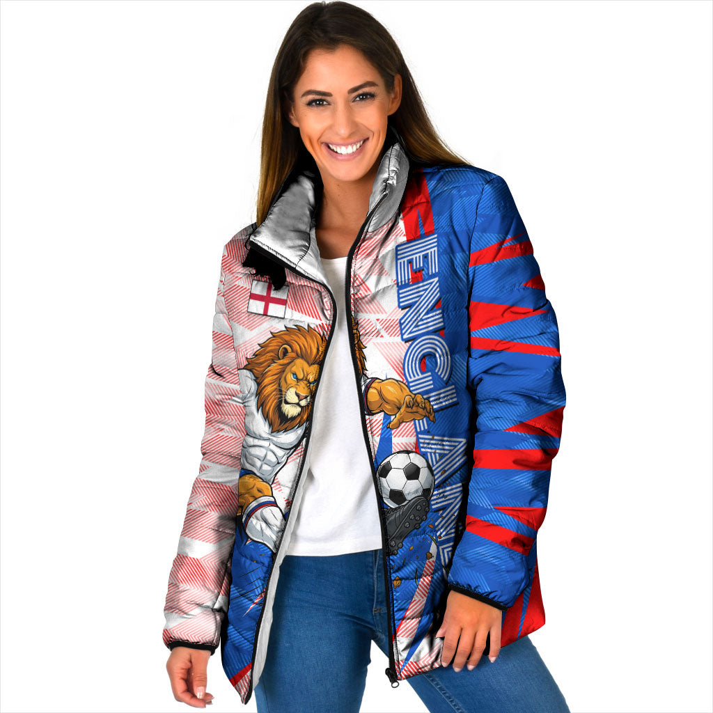 Personalized England Football Padded Jacket Powerful Lion Kicking Ball Red Blue Chevron Zigzag