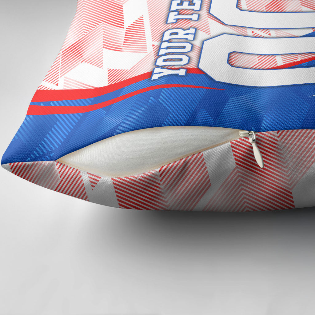Personalized England Football Pillow Cover Powerful Lion Kicking Ball Red Blue Chevron Zigzag