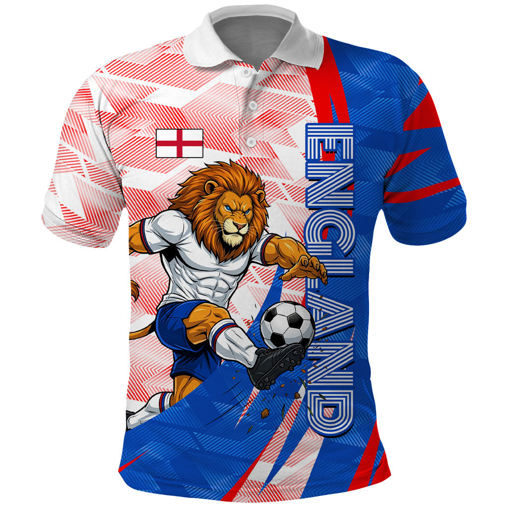Personalized England Football Polo Shirt Powerful Lion Kicking Ball Red Blue Chevron Zigzag