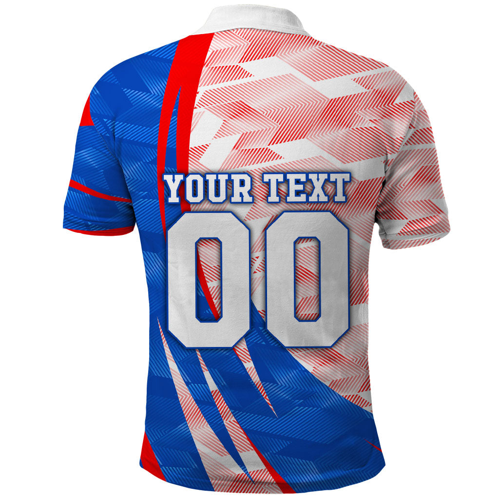 Personalized England Football Polo Shirt Powerful Lion Kicking Ball Red Blue Chevron Zigzag