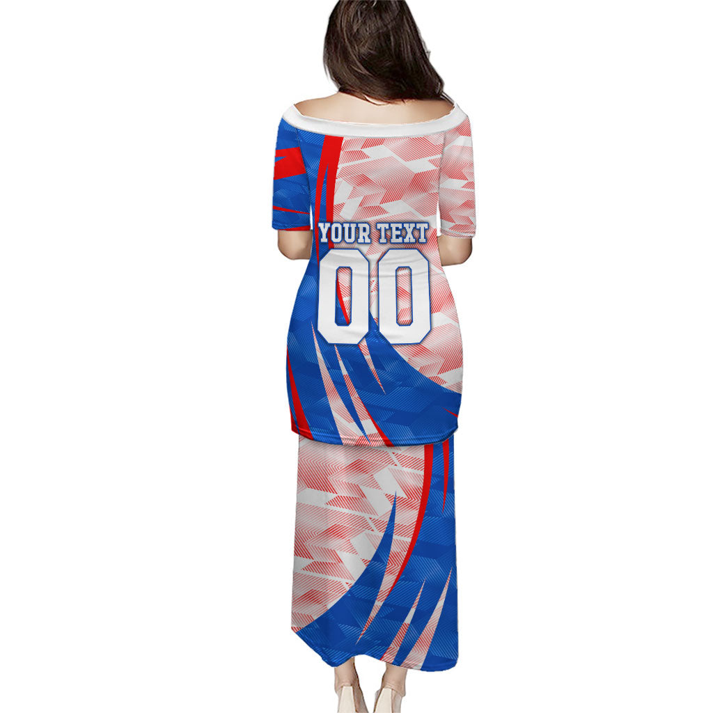 Personalized England Football Puletasi Powerful Lion Kicking Ball Red Blue Chevron Zigzag