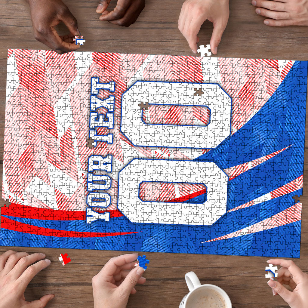 Personalized England Football Puzzle Powerful Lion Kicking Ball Red Blue Chevron Zigzag