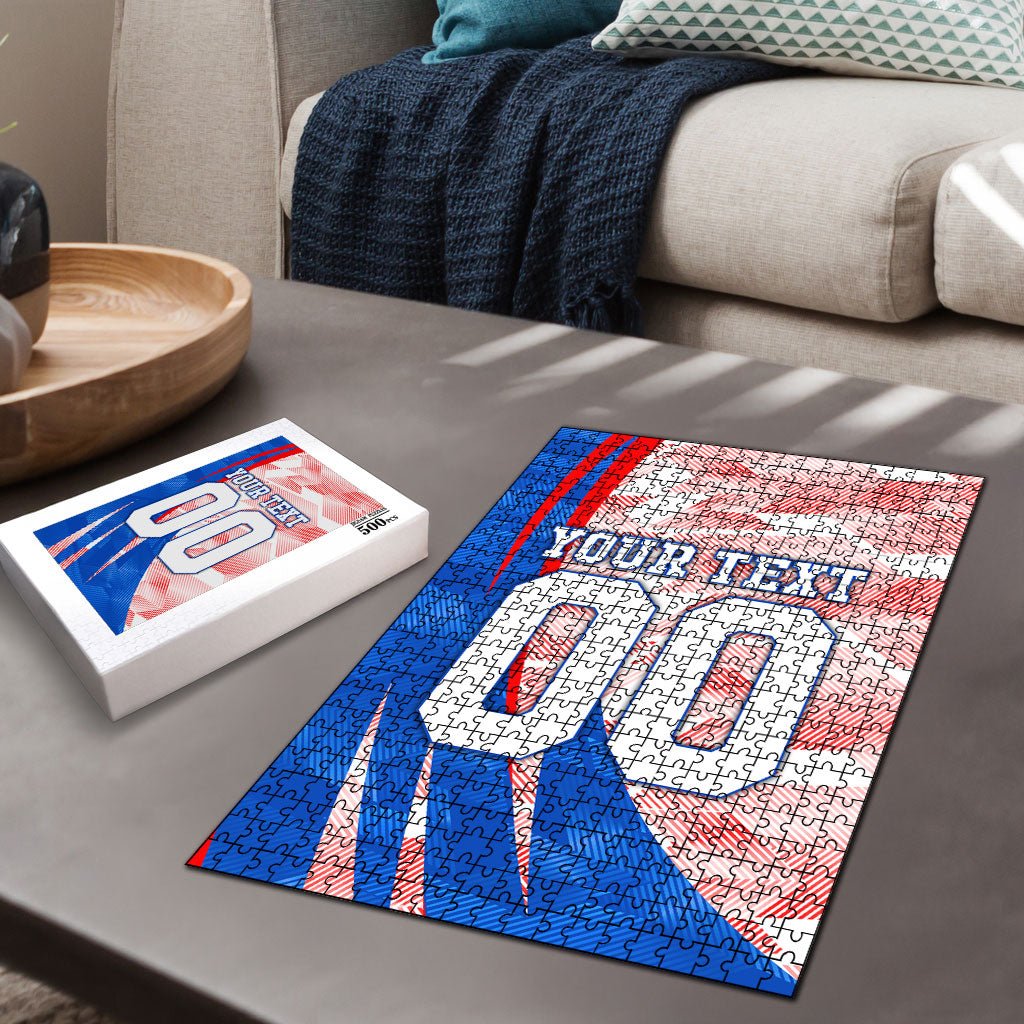 Personalized England Football Puzzle Powerful Lion Kicking Ball Red Blue Chevron Zigzag