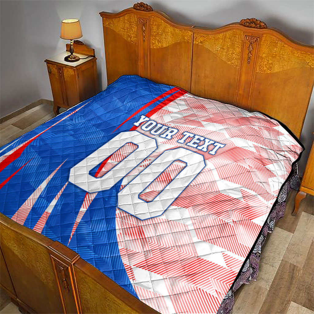 Personalized England Football Quilt Powerful Lion Kicking Ball Red Blue Chevron Zigzag