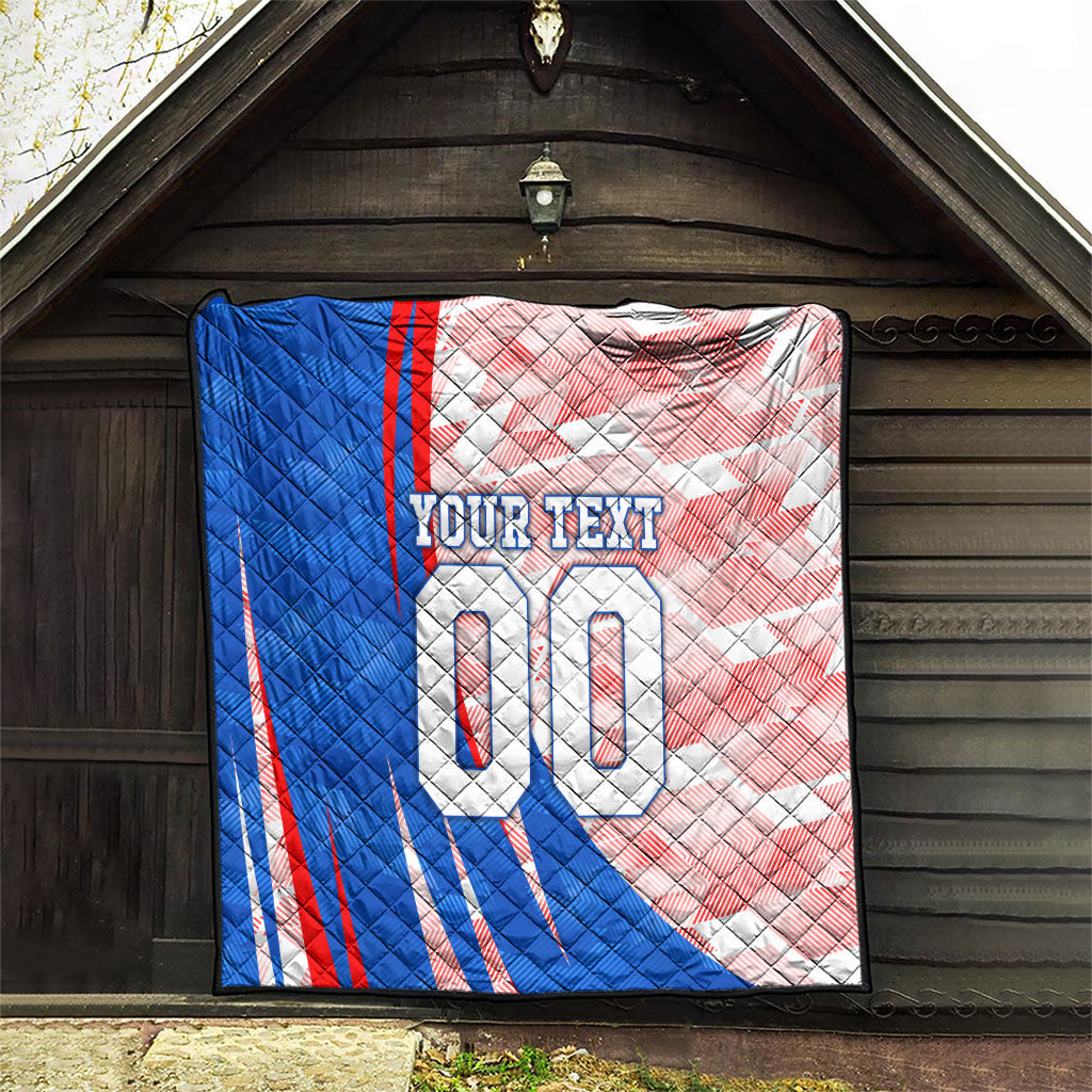 Personalized England Football Quilt Powerful Lion Kicking Ball Red Blue Chevron Zigzag