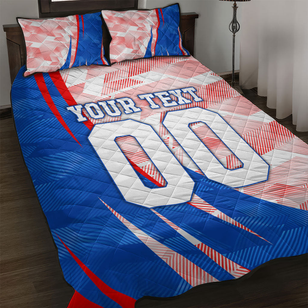 Personalized England Football Quilt Bed Set Powerful Lion Kicking Ball Red Blue Chevron Zigzag