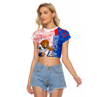 Personalized England Football Raglan Cropped T Shirt Powerful Lion Kicking Ball Red Blue Chevron Zigzag