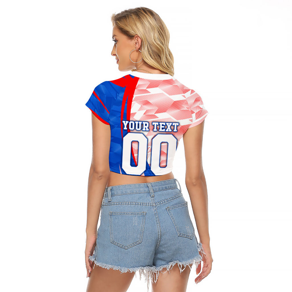 Personalized England Football Raglan Cropped T Shirt Powerful Lion Kicking Ball Red Blue Chevron Zigzag
