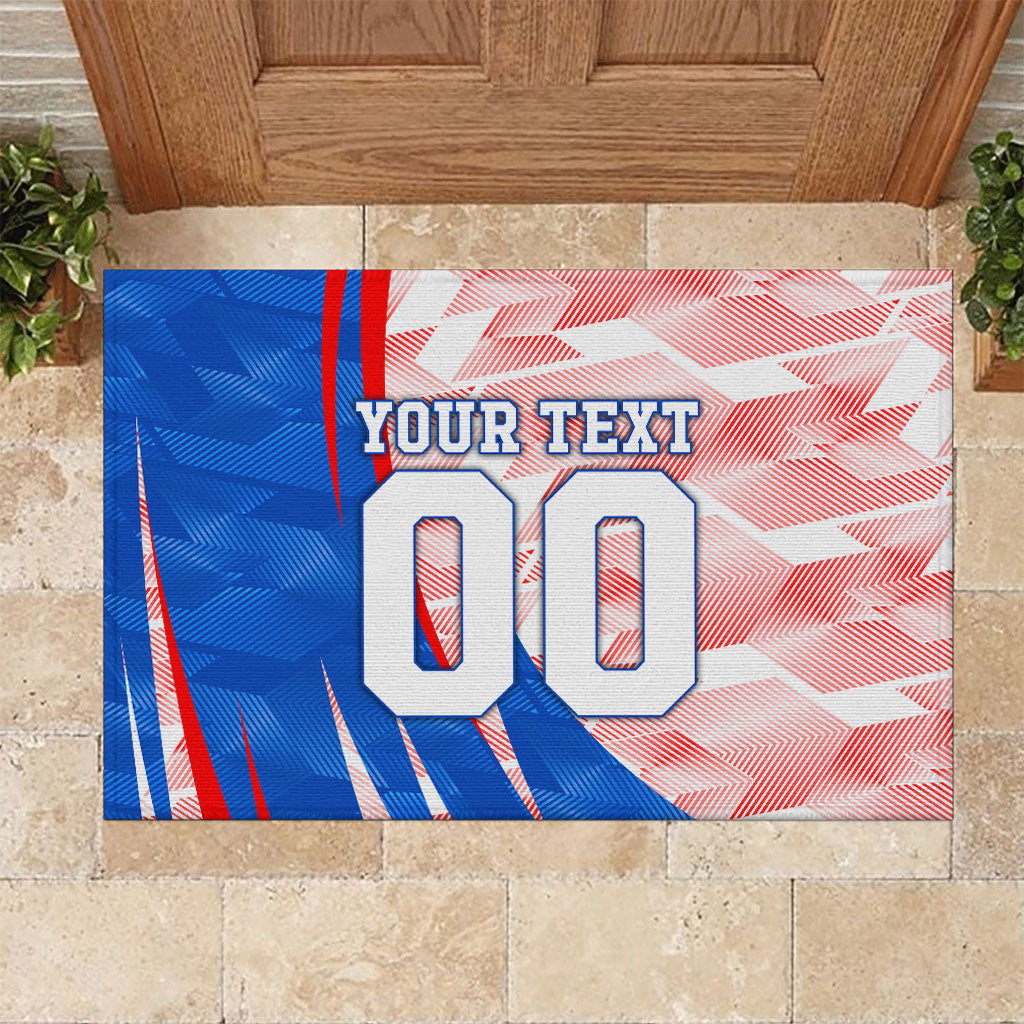 Personalized England Football Rubber Doormat Powerful Lion Kicking Ball Red Blue Chevron Zigzag