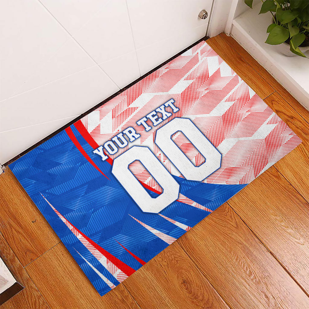 Personalized England Football Rubber Doormat Powerful Lion Kicking Ball Red Blue Chevron Zigzag
