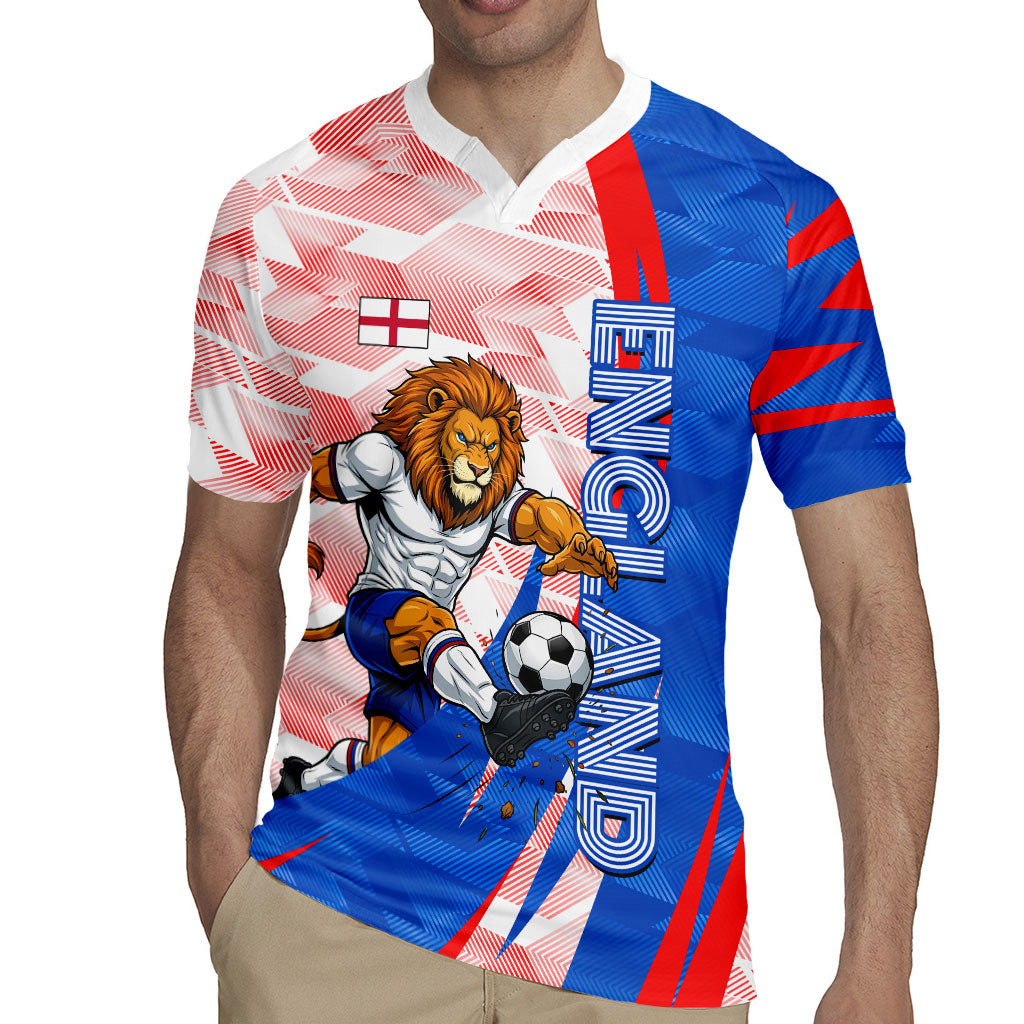 Personalized England Football Rugby Jersey Powerful Lion Kicking Ball Red Blue Chevron Zigzag