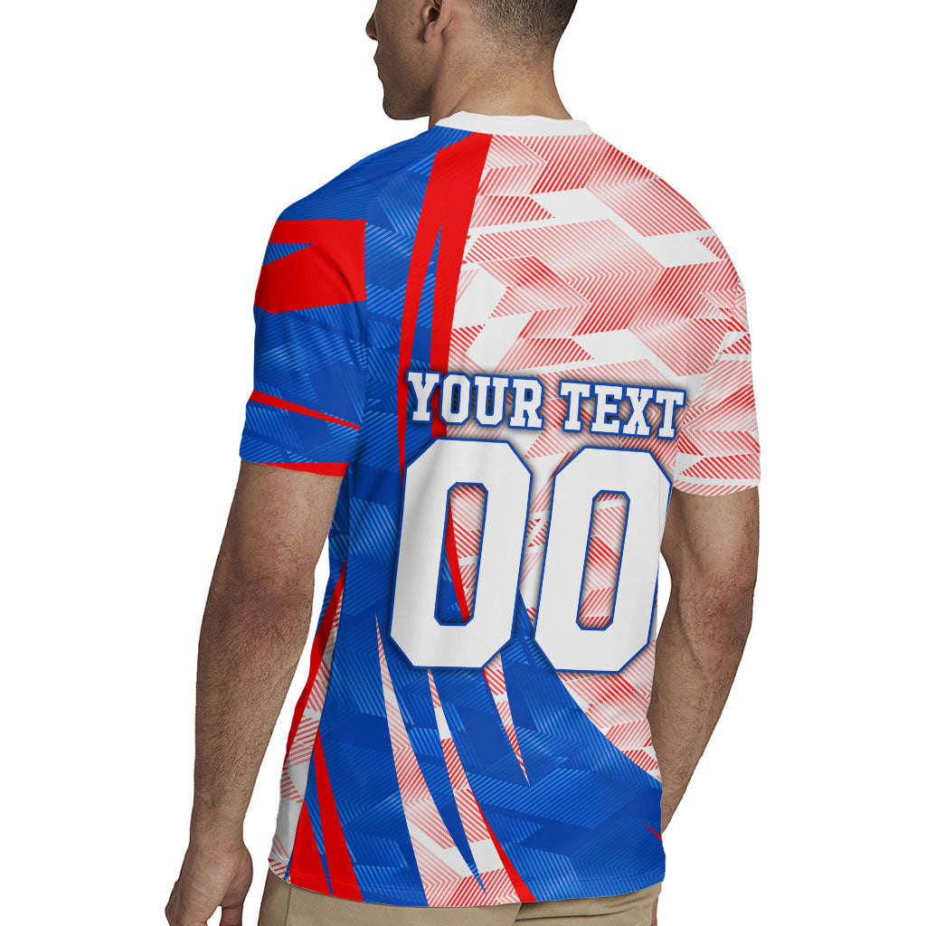 Personalized England Football Rugby Jersey Powerful Lion Kicking Ball Red Blue Chevron Zigzag