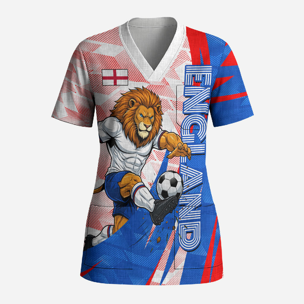 Personalized England Football Scrub Top Powerful Lion Kicking Ball Red Blue Chevron Zigzag