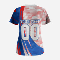 Personalized England Football Scrub Top Powerful Lion Kicking Ball Red Blue Chevron Zigzag