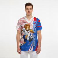 Personalized England Football Scrub Top Powerful Lion Kicking Ball Red Blue Chevron Zigzag