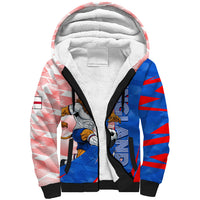 Personalized England Football Sherpa Hoodie Powerful Lion Kicking Ball Red Blue Chevron Zigzag