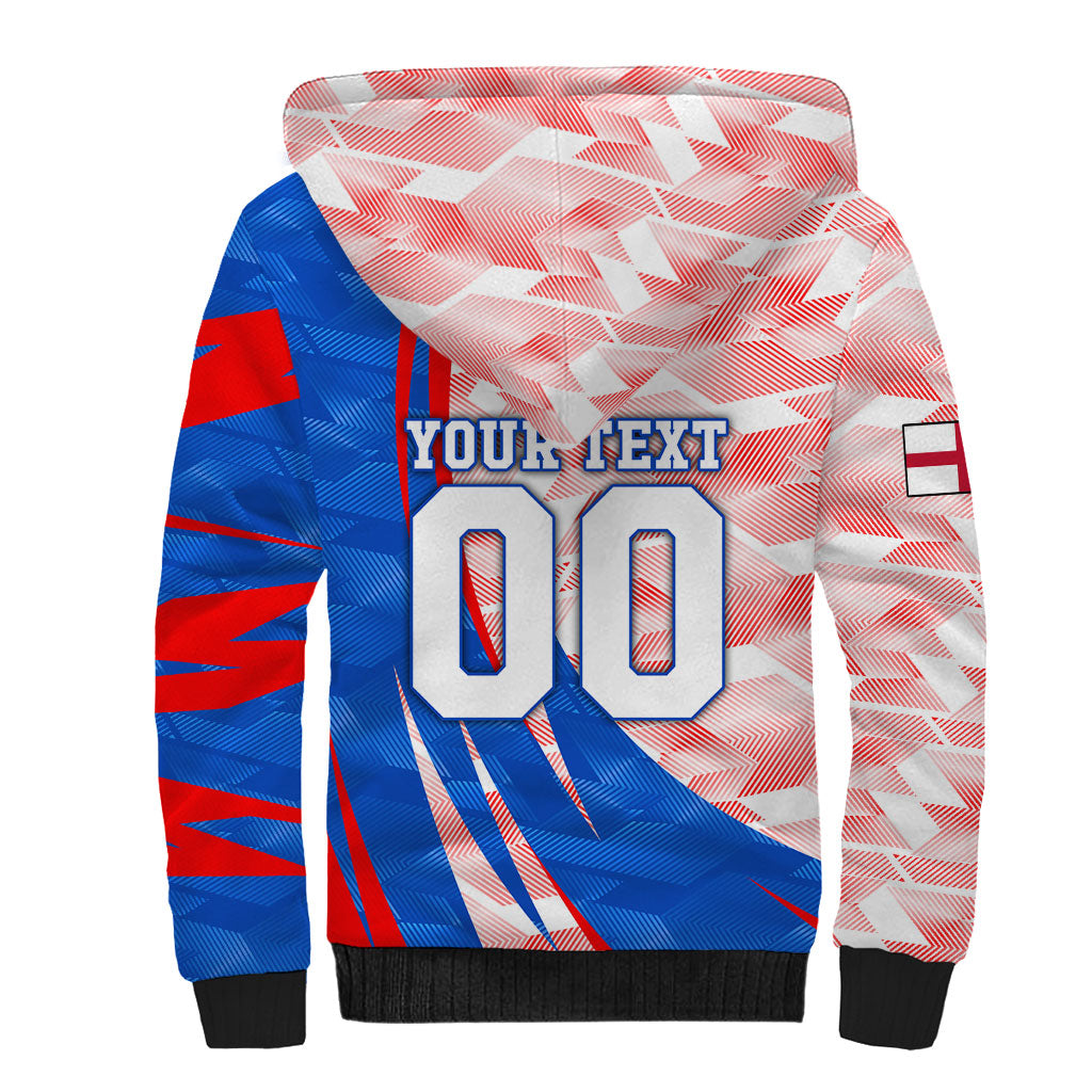 Personalized England Football Sherpa Hoodie Powerful Lion Kicking Ball Red Blue Chevron Zigzag