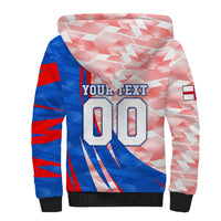 Personalized England Football Sherpa Hoodie Powerful Lion Kicking Ball Red Blue Chevron Zigzag