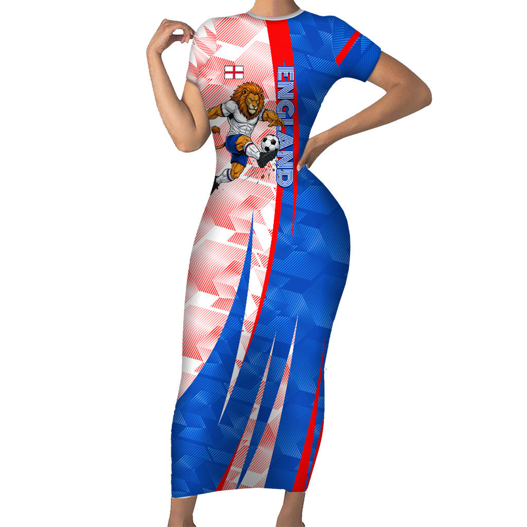 Personalized England Football Short Sleeve Bodycon Dress Powerful Lion Kicking Ball Red Blue Chevron Zigzag