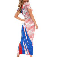 Personalized England Football Short Sleeve Bodycon Dress Powerful Lion Kicking Ball Red Blue Chevron Zigzag