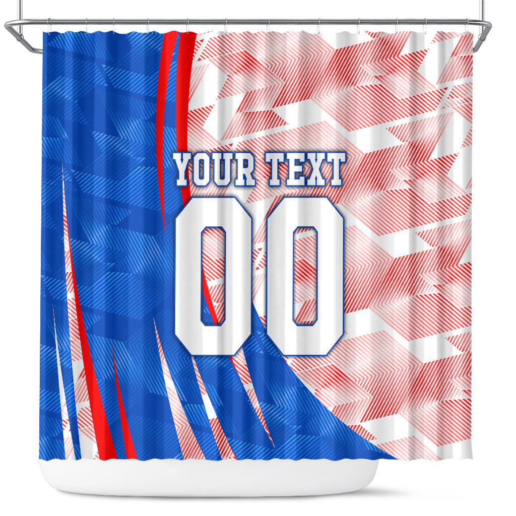 Personalized England Football Shower Curtain Powerful Lion Kicking Ball Red Blue Chevron Zigzag