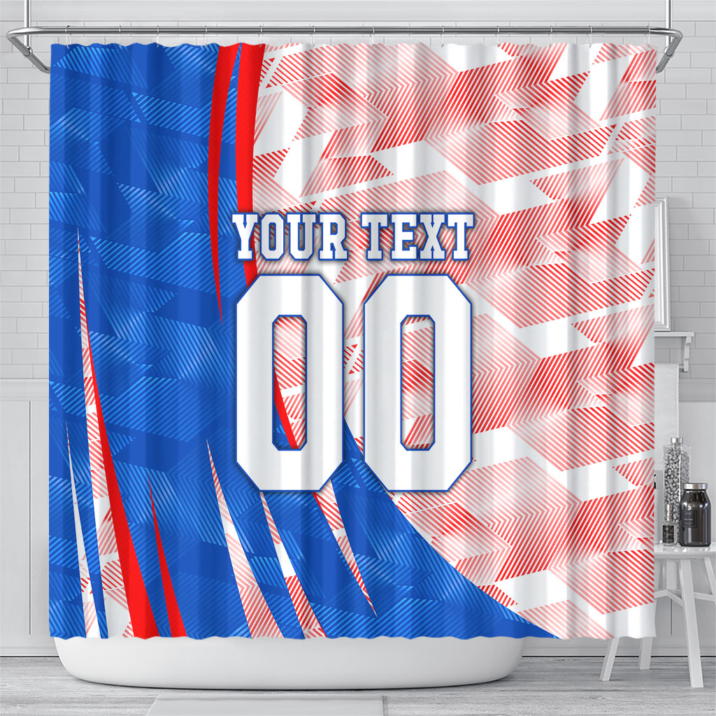 Personalized England Football Shower Curtain Powerful Lion Kicking Ball Red Blue Chevron Zigzag