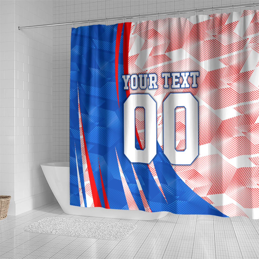 Personalized England Football Shower Curtain Powerful Lion Kicking Ball Red Blue Chevron Zigzag