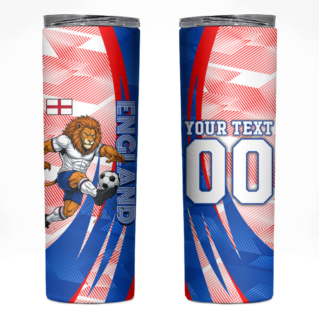 Personalized England Football Skinny Tumbler Powerful Lion Kicking Ball Red Blue Chevron Zigzag