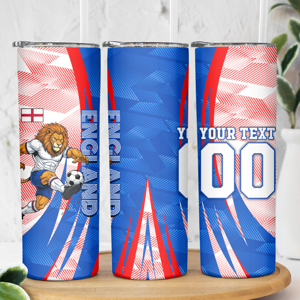 Personalized England Football Skinny Tumbler Powerful Lion Kicking Ball Red Blue Chevron Zigzag