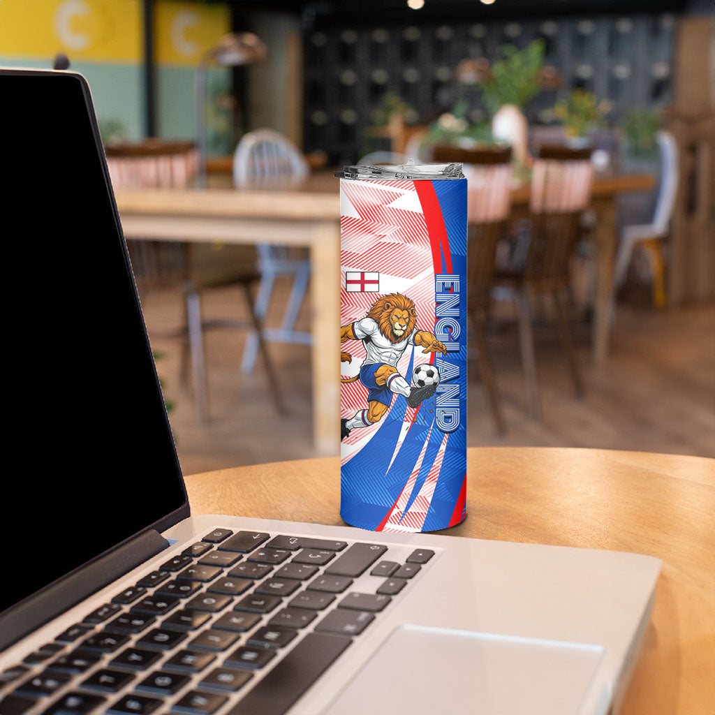 Personalized England Football Skinny Tumbler Powerful Lion Kicking Ball Red Blue Chevron Zigzag