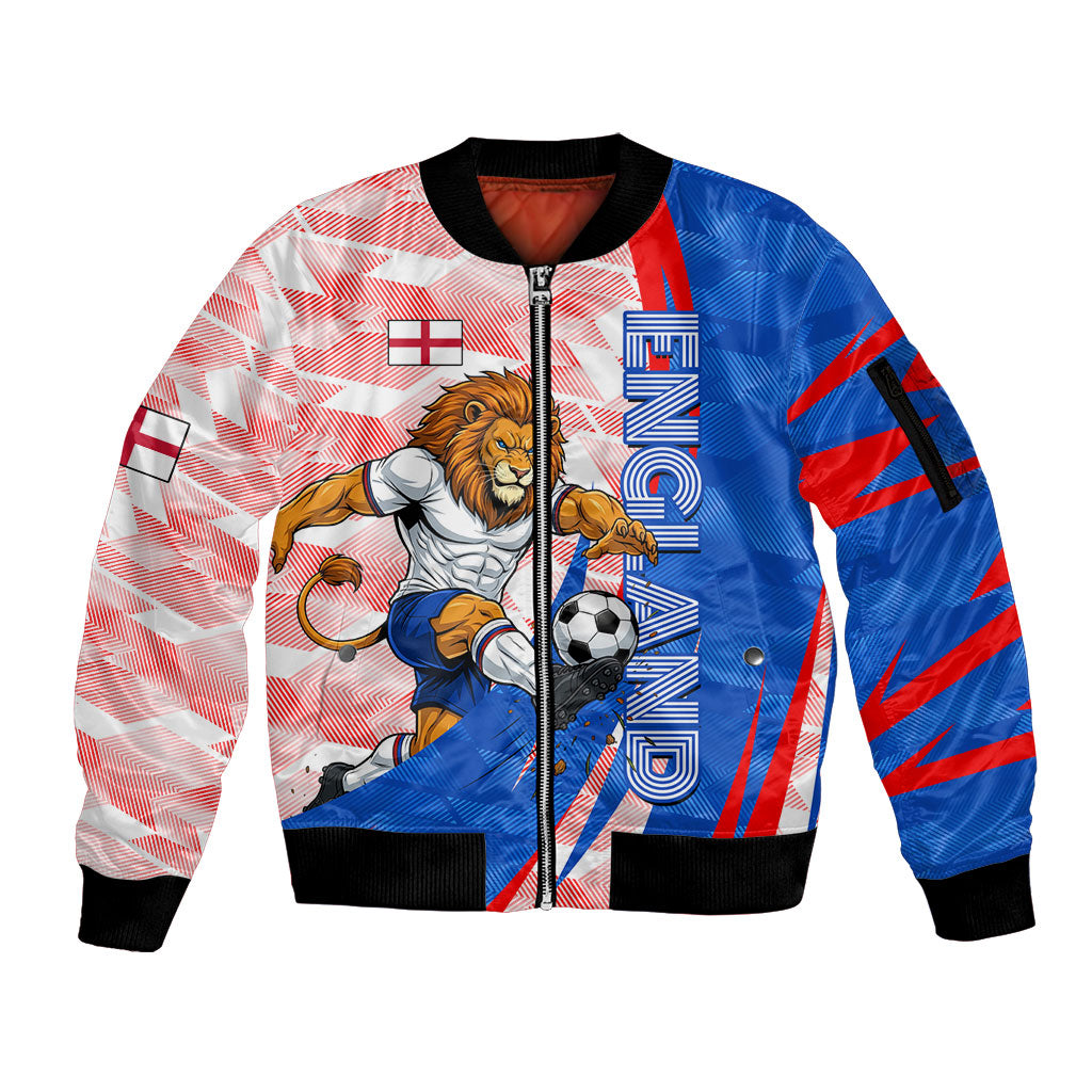 Personalized England Football Sleeve Zip Bomber Jacket Powerful Lion Kicking Ball Red Blue Chevron Zigzag
